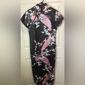 Black Floral Peacock Cheongsam Dress